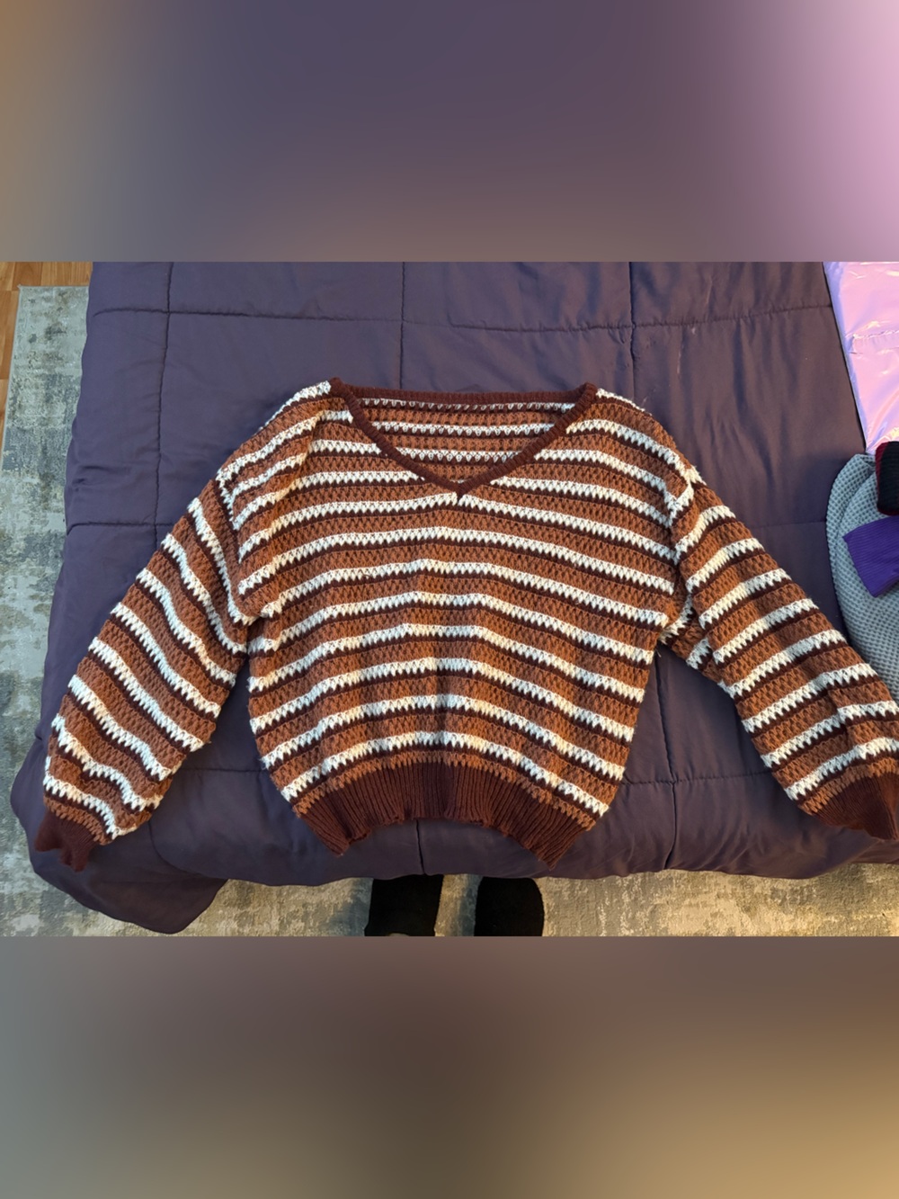 SHEIN Brown and Cream Striped V-Neck Sweater